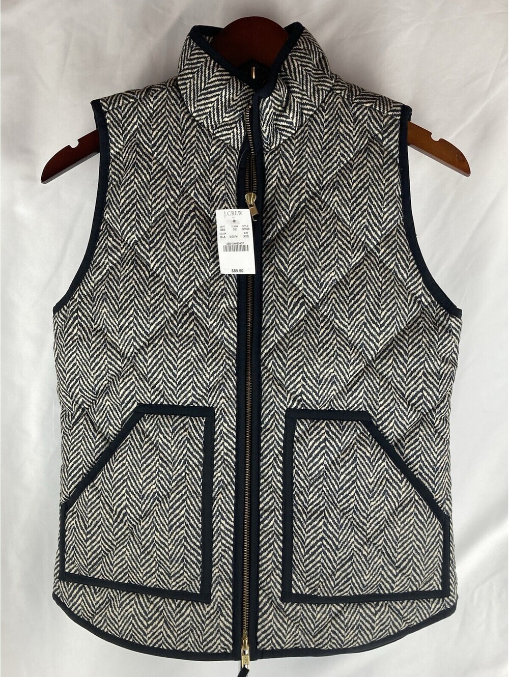 New Women’s XXS J.Crew Excursion Vest Black Cream Herringbone Quilted Puffer